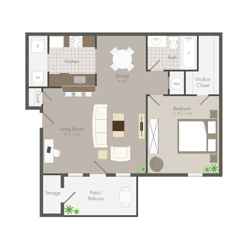 A 3D image of the Gardenia floorplan, a 649 squarefoot, 1 bed / 1 bath unit