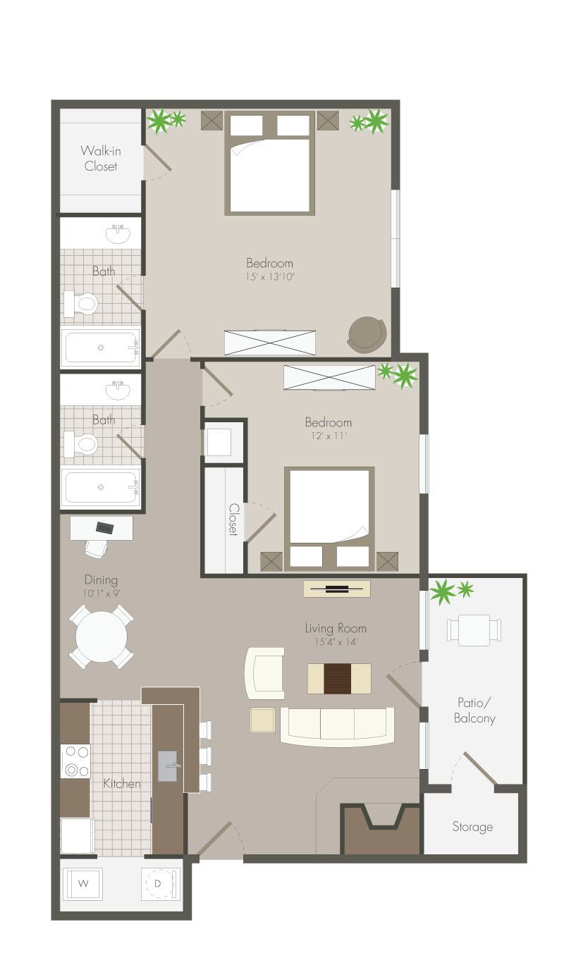 A 3D image of the Hydrangea floorplan, a 972 squarefoot, 2 bed / 2 bath unit