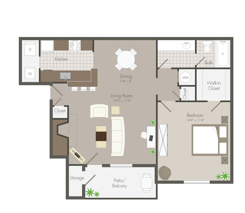 A 3D image of the Hibiscus floorplan, a 722 squarefoot, 1 bed / 1 bath unit