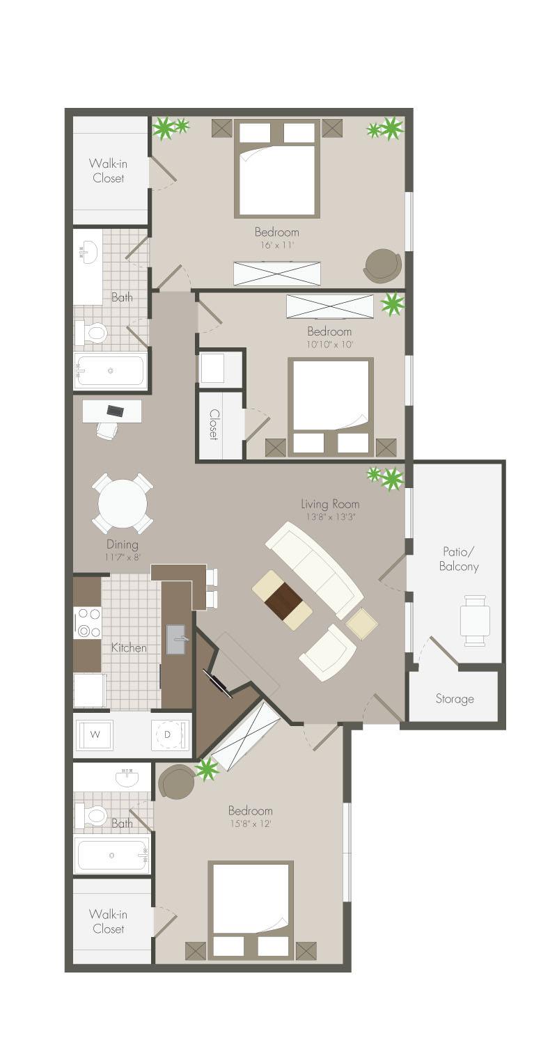 A 3D image of the Poppy floorplan, a 1157 squarefoot, 3 bed / 2 bath unit