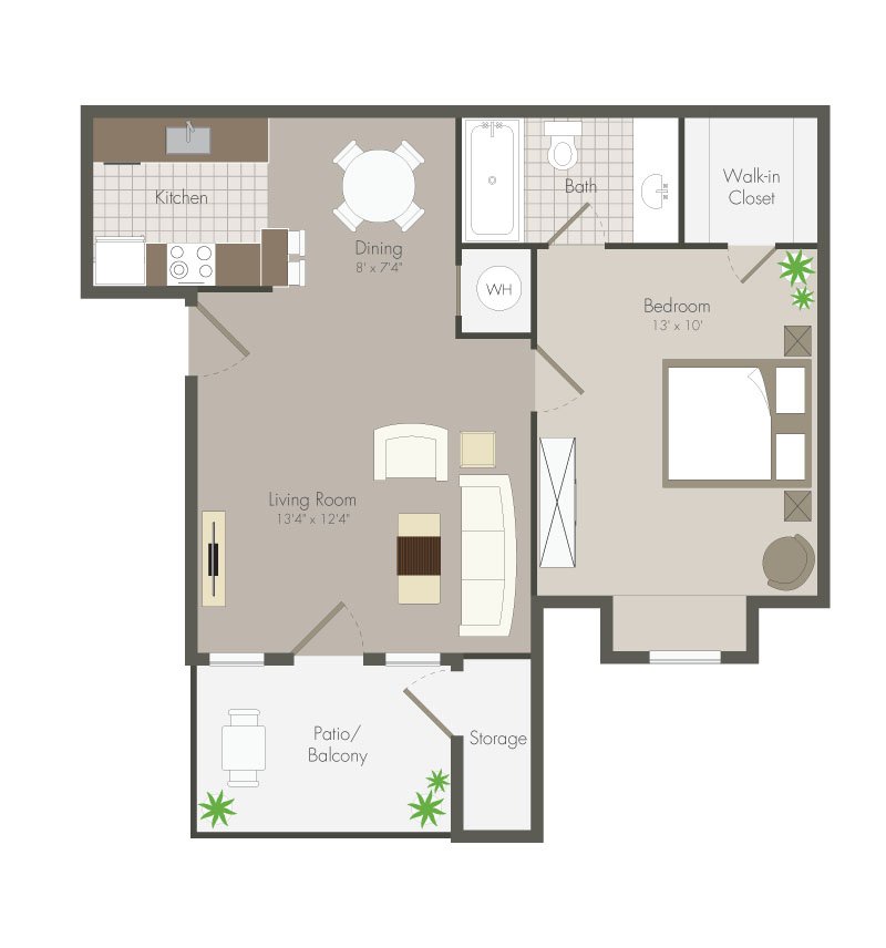 A 3D image of the Magnolia floorplan, a 549 squarefoot, 1 bed / 1 bath unit