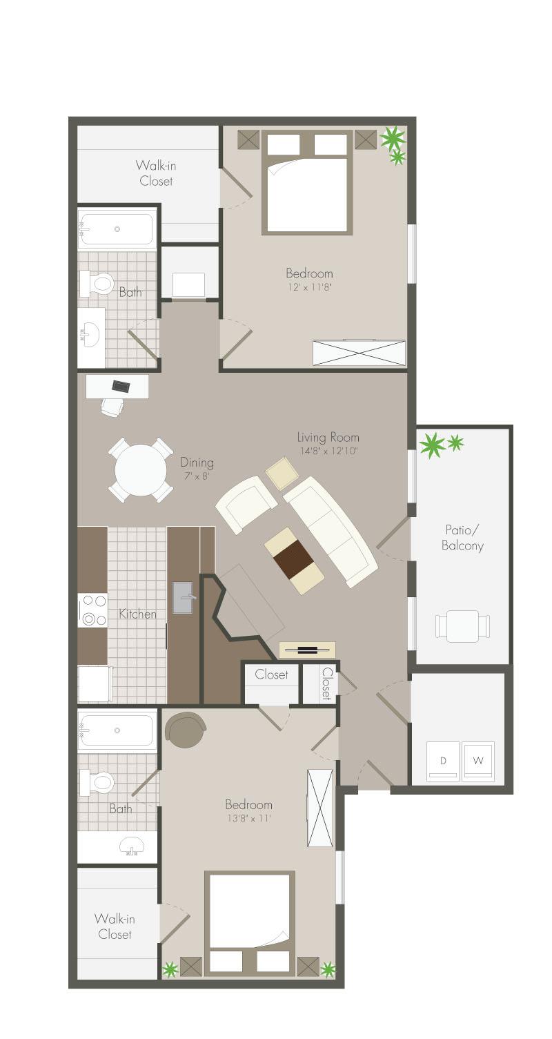 A 3D image of the Azalea Renovated floorplan, a 917 squarefoot, 2 bed / 2 bath unit