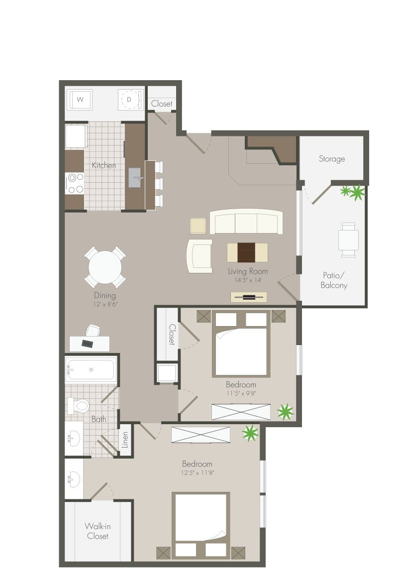 A 3D image of the Daffodil Renovated floorplan, a 853 squarefoot, 2 bed / 1 bath unit