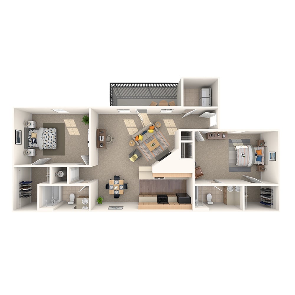A 3D image of the Azalea Renovated floorplan, a 917 squarefoot, 2 bed / 2 bath unit