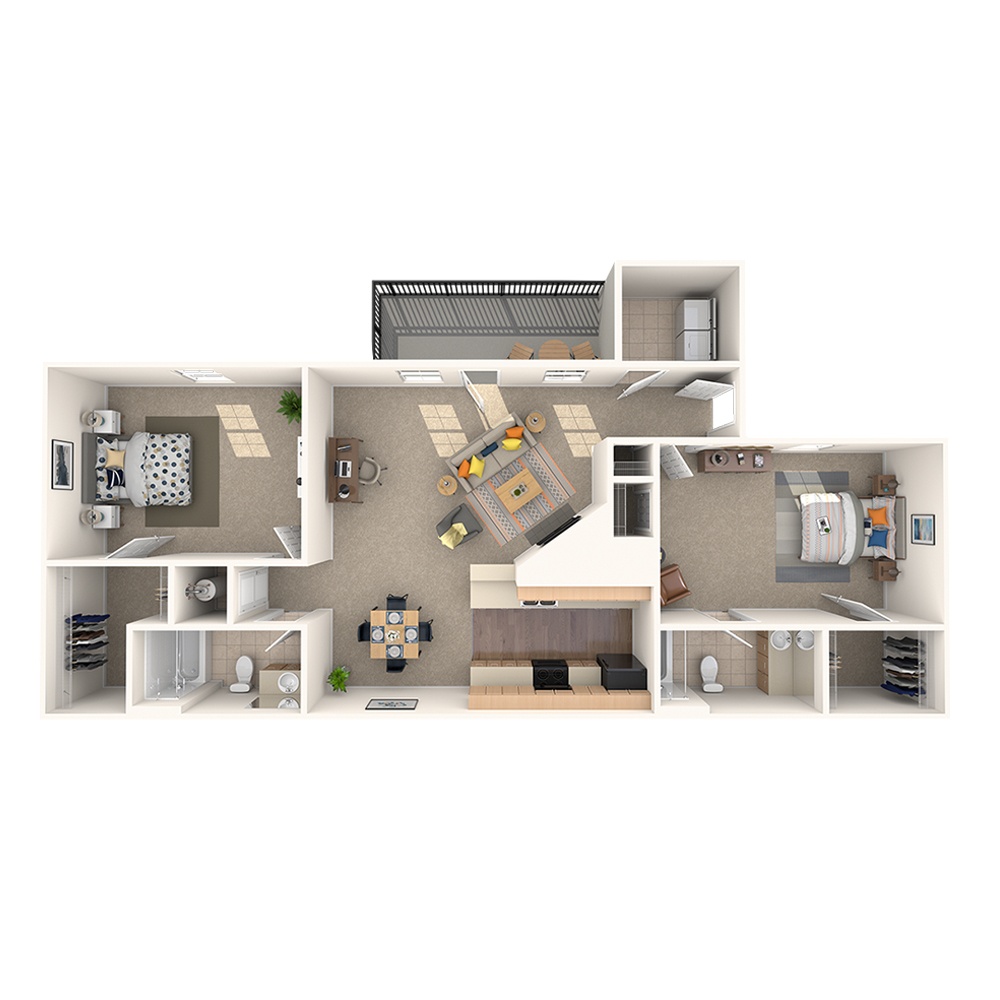 A 3D image of the Azalea floorplan, a 917 squarefoot, 2 bed / 2 bath unit