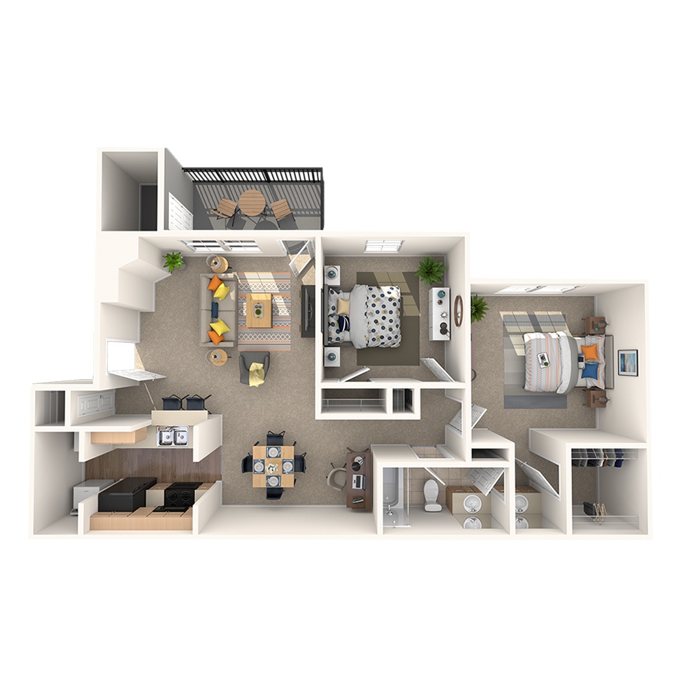 A 3D image of the Daffodil floorplan, a 853 squarefoot, 2 bed / 1 bath unit