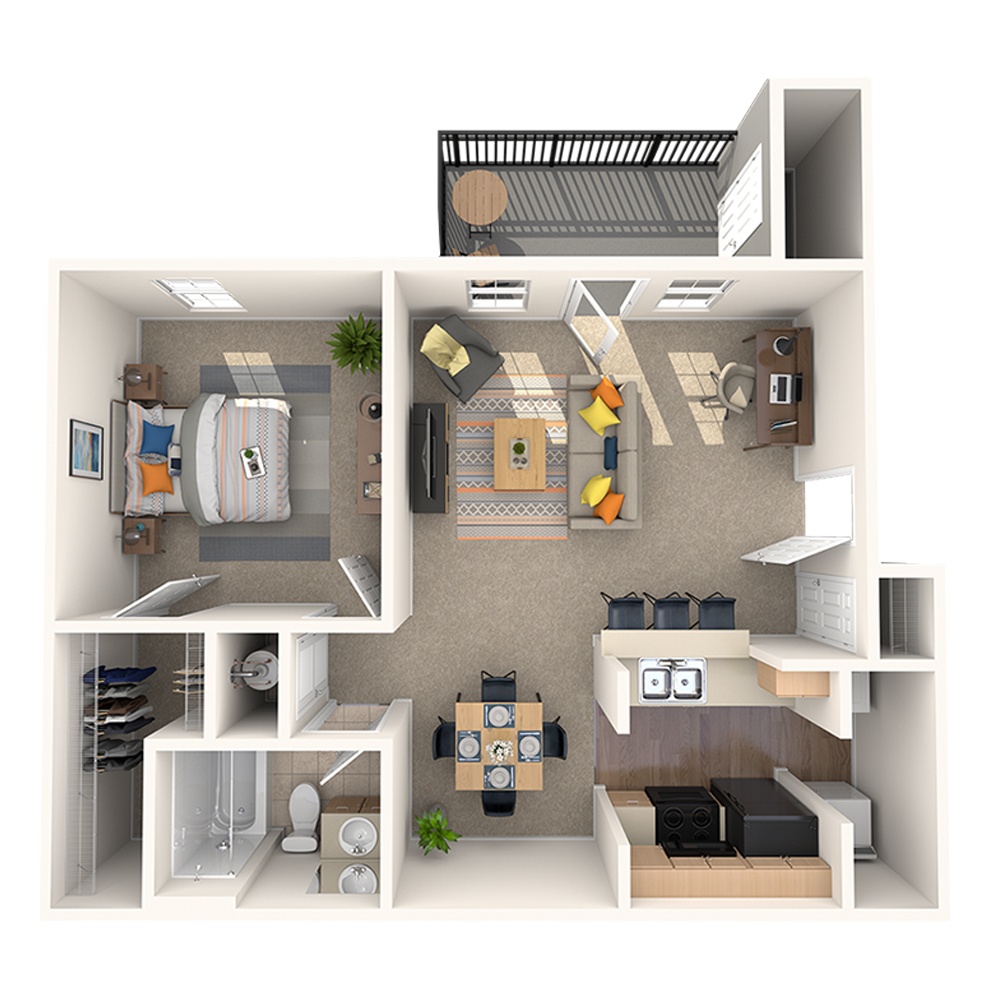 A 3D image of the Gardenia floorplan, a 649 squarefoot, 1 bed / 1 bath unit