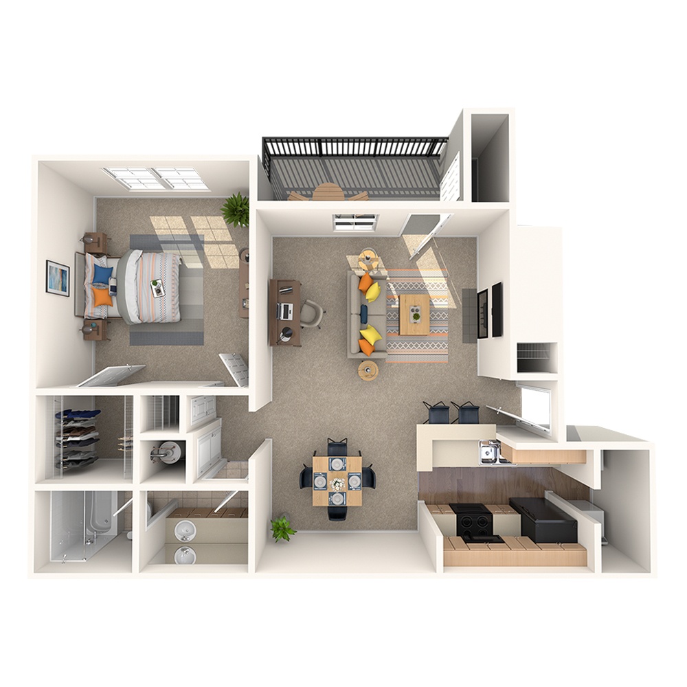 A 3D image of the Hibiscus floorplan, a 722 squarefoot, 1 bed / 1 bath unit