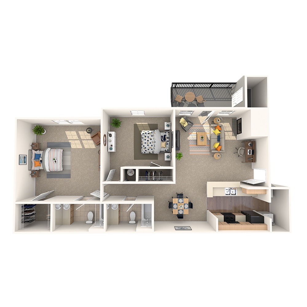 A 3D image of the Hydrangea floorplan, a 972 squarefoot, 2 bed / 2 bath unit