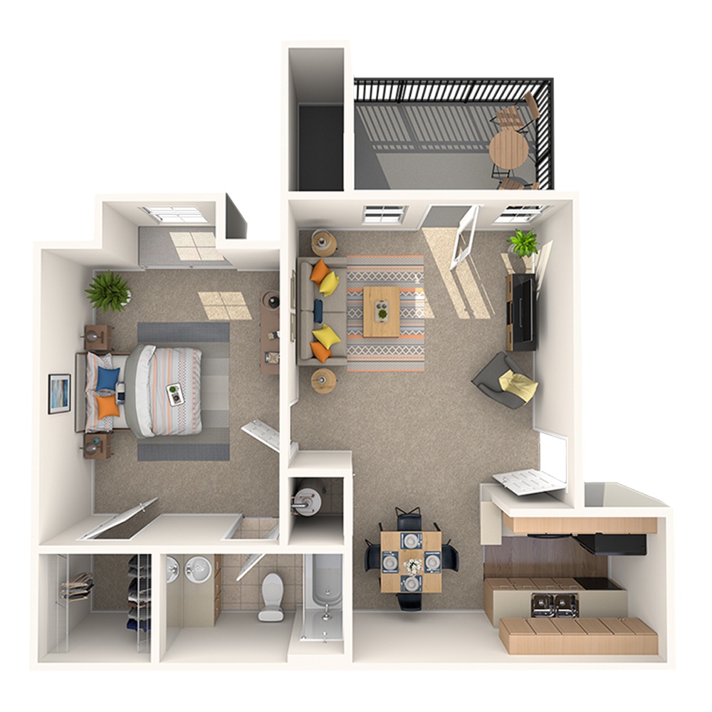 A 3D image of the Magnolia floorplan, a 549 squarefoot, 1 bed / 1 bath unit