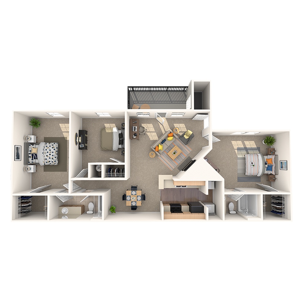 A 3D image of the Poppy floorplan, a 1157 squarefoot, 3 bed / 2 bath unit