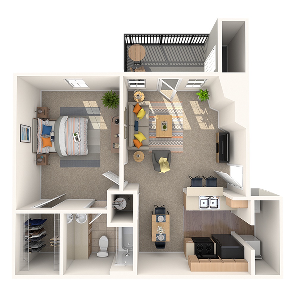 A 3D image of the Rose floorplan, a 602 squarefoot, 1 bed / 1 bath unit